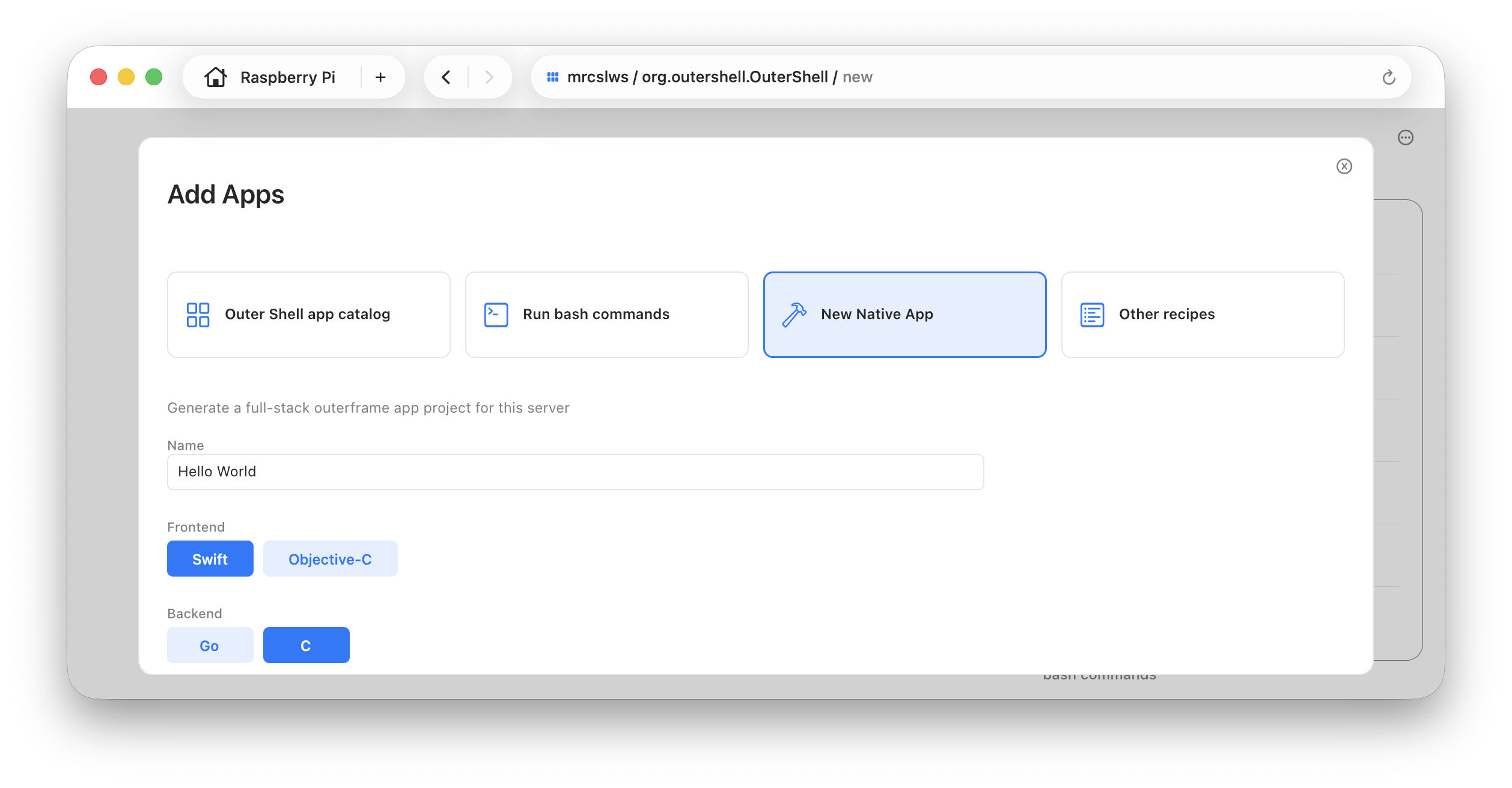 Create new app in Outer Shell